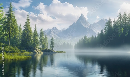 Scenic view of a mountain lake surrounded by dense pine forest, soft morning mist hovering over the water, peaceful nature retreat,