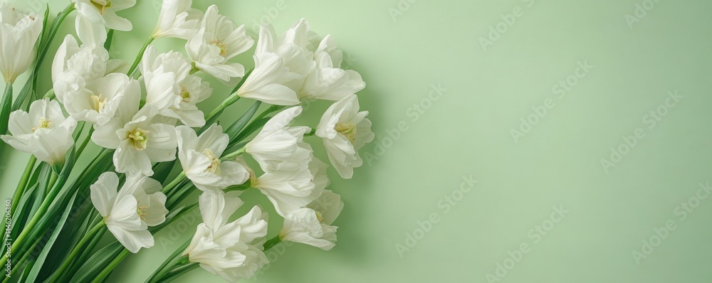 Banner with white flowers on a light green background. Greeting card template for Wedding, mothers or womans day.