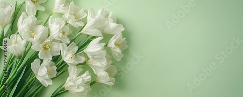 Obraz na płótnie Banner with white flowers on a light green background. Greeting card template for Wedding, mothers or womans day. w salonie
