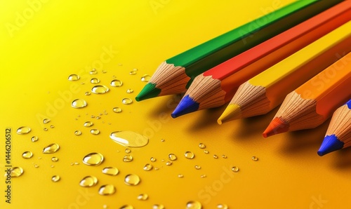Set of colorful pencils and a blank sketchpad on a vibrant yellow background, creative workspace concept with bright tones and minimal design,
