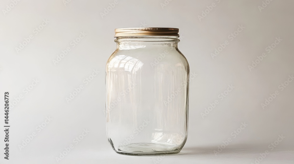 Empty Glass Jar with Gold Lid - A clear glass jar with a gold metal lid sits on a white background. Perfect for preserving, storing, or crafting Empty Glass Jar with Gold Lid - A clear glass jar with a gold metal lid sits on a white background. Perfect for preserving, storing, or crafting