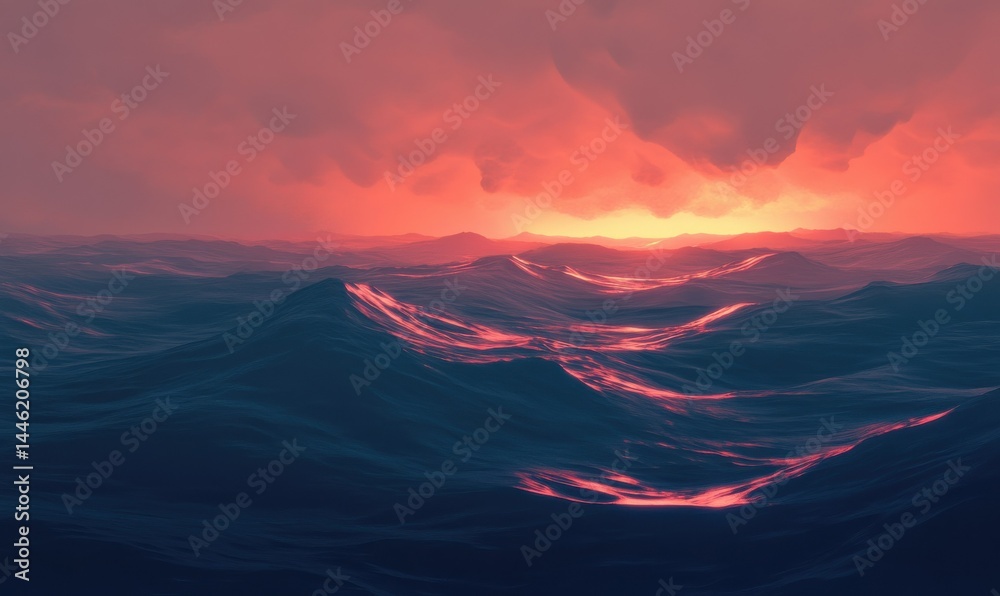 Dramatic seascape with turbulent waves and a glowing horizon.