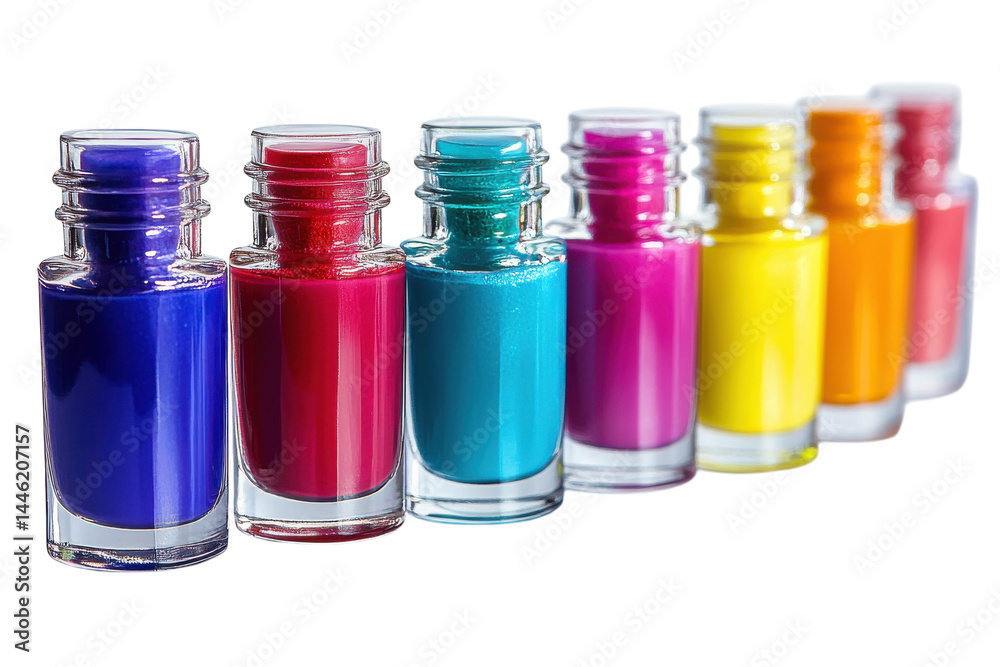 Vibrant rainbow nail polish bottles in a row showcasing summer colors perfect for a fresh manicure Vibrant rainbow nail polish bottles in a row showcasing summer colors perfect for a fresh manicure