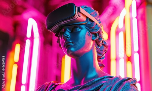 Blue statue wearing VR headset, surrounded by vibrant neon lights.