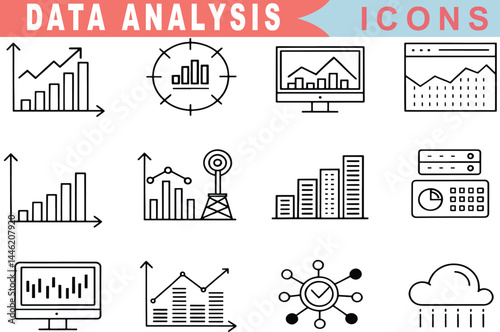 Data Analysis and Analytics Line Icons  Graphs, Processing, Traffic Analysis, Research, Performance, Statistics Symbols

