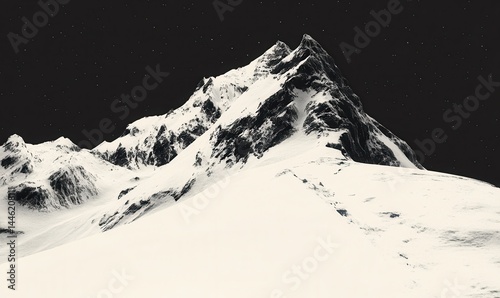 Snow-covered mountain peak against a dark sky, rugged terrain visible.