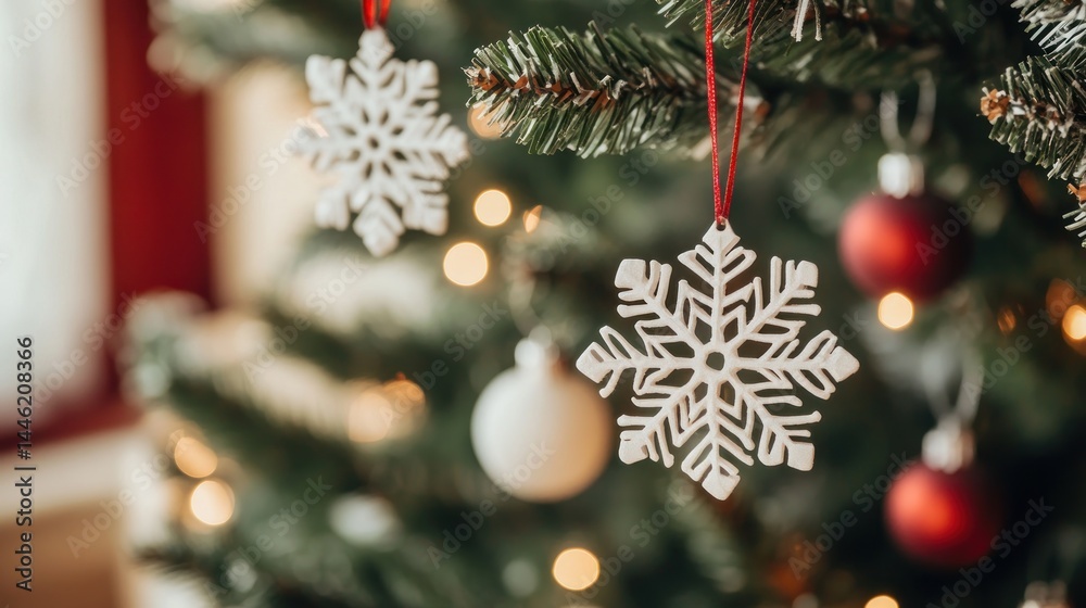 Festive Christmas tree ornaments. Close-up of white snowflake ornaments hanging from a decorated Christmas tree. Soft focus, warm lighting Festive Christmas tree ornaments. Close-up of white snowflake ornaments hanging from a decorated Christmas tree. Soft focus, warm lighting