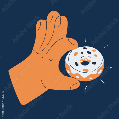 Cartoon vector illustration of a hand holding a donut like a sweet victory raised high in sugary celebration