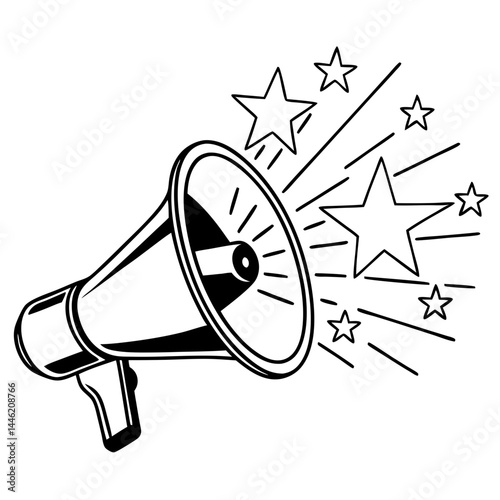 Megaphone projecting stars instead of sound vector logo. Megaphone broadcasting stars icon