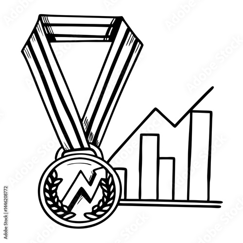 Medal with ribbon forms rising bar graph vector logo. Medal with bar graph ribbon icon. gold silver and bronze medal