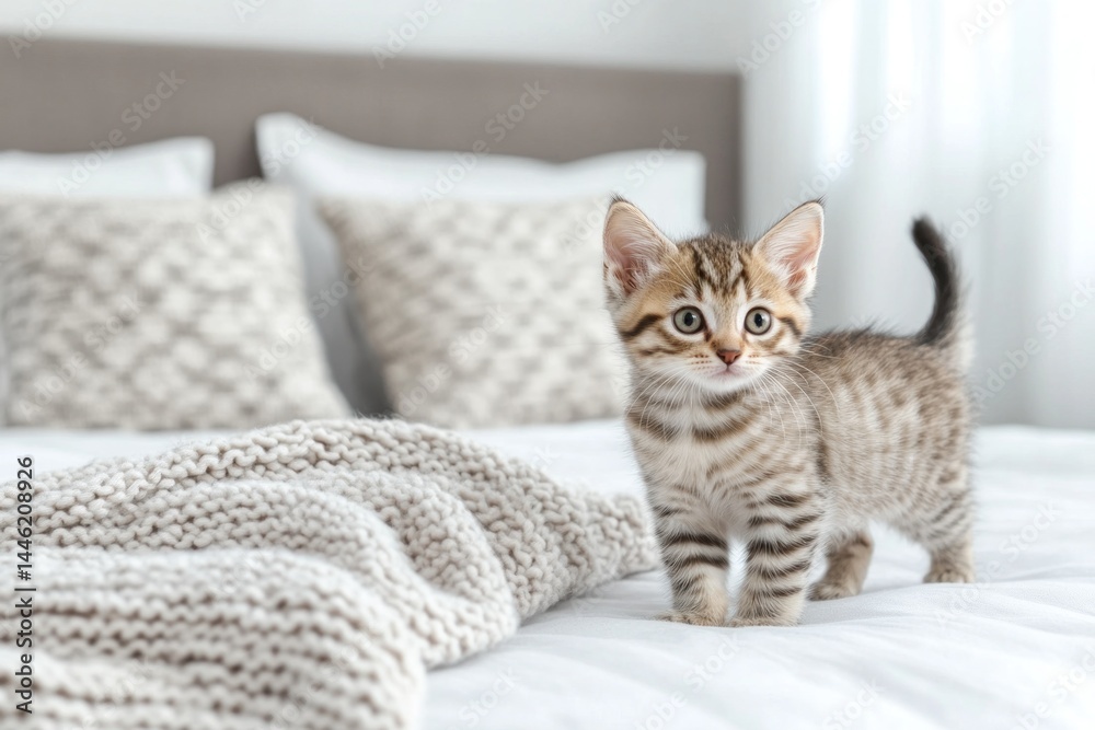 Kitten playing on bed in bedroom Kitten playing on bed in bedroom