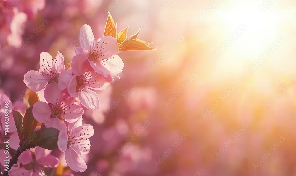Spring blossom background. Beautiful nature scene with blooming tree and sun flare. Sunny day. Spring flowers. Beautiful Orchard. Abstract blurred background. Cherry or sakura blossoms. Springtim