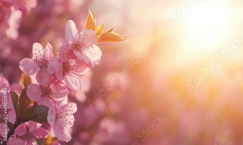 Obraz na płótnie Spring blossom background. Beautiful nature scene with blooming tree and sun flare. Sunny day. Spring flowers. Beautiful Orchard. Abstract blurred background. Cherry or sakura blossoms. Springtim w salonie