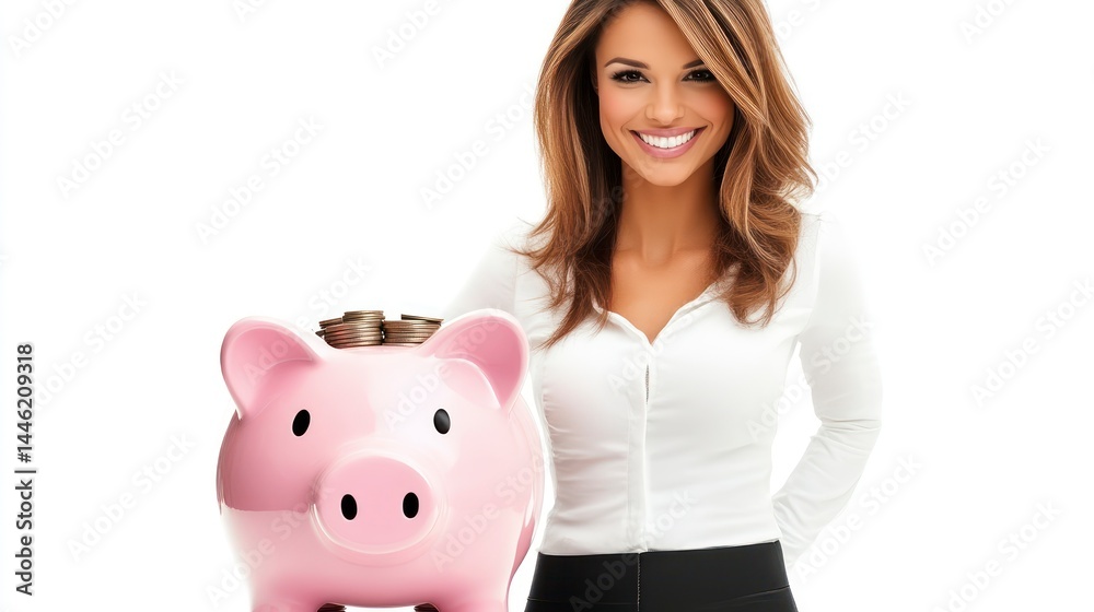Saving Money A Woman with a Piggy Bank Overflowing with Coins Saving Money A Woman with a Piggy Bank Overflowing with Coins