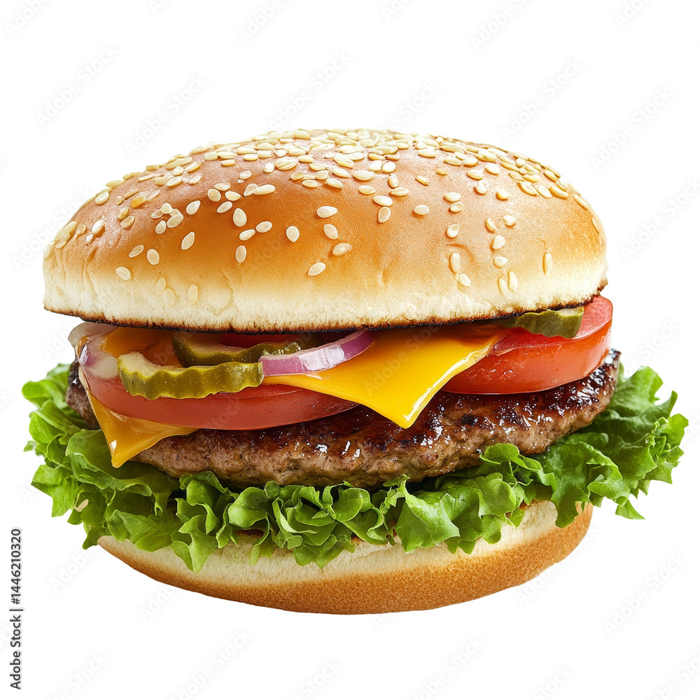 A delicious cheeseburger with fresh lettuce, tomato, and pickles on a transparent background highlighting its tasty ingredients, Cheeseburger isolated transparent background