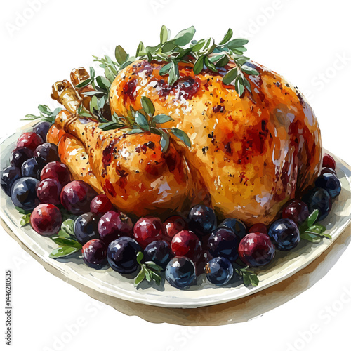 illustration of Thanksgiving Turkey On A Tray, watercolor vector, isolated on a white background.