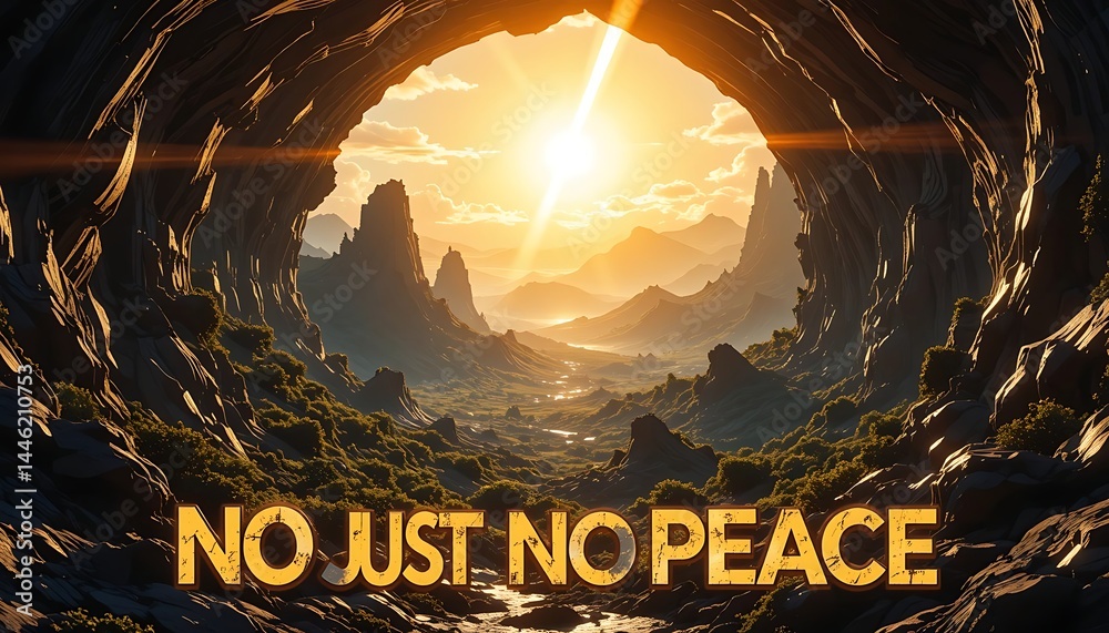 Sunset Over Valley Landscape Framed by Cave Opening