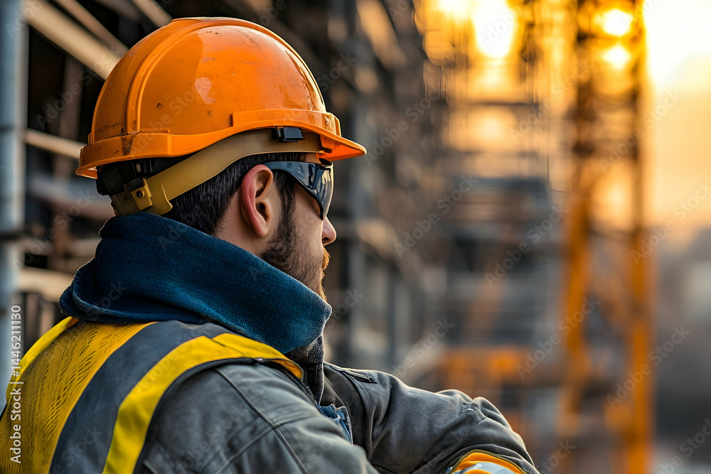 Man in hard hat and safety vest looks at construction Man in hard hat and safety vest looks at construction