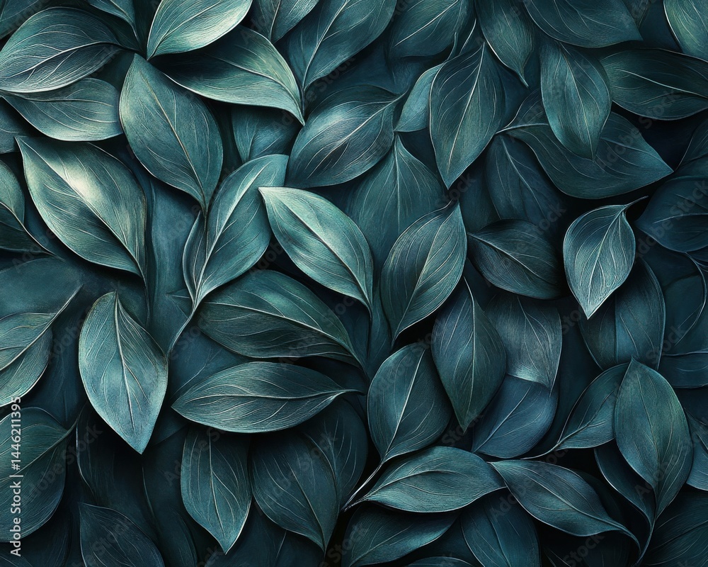 A dramatic close-up of overlapping dark green leaves, creating a serene and moody wallpaper design