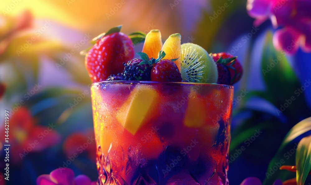 Close-up of a colorful cocktail garnished with fresh fruit, vibrant background and soft lighting enhancing the tropical vibe, .