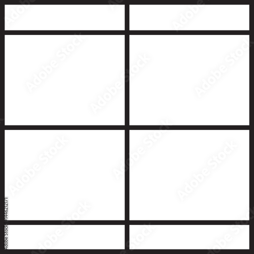 Square grid composed of two vertical columns intersected by seven horizontal rows of unequal heights, forming a varied layout.