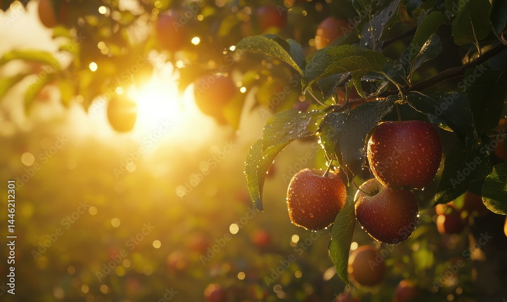 Close-up of a vibrant apple orchard in the morning sunlight, dew drops glistening on ripe red apples hanging from lush green branche