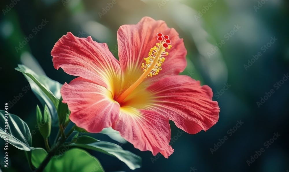 Close-up of a vibrant tropical flower in full bloom, rich red and yellow tones creating a bold and fresh nature theme, soft sunlight enhancing the petals,