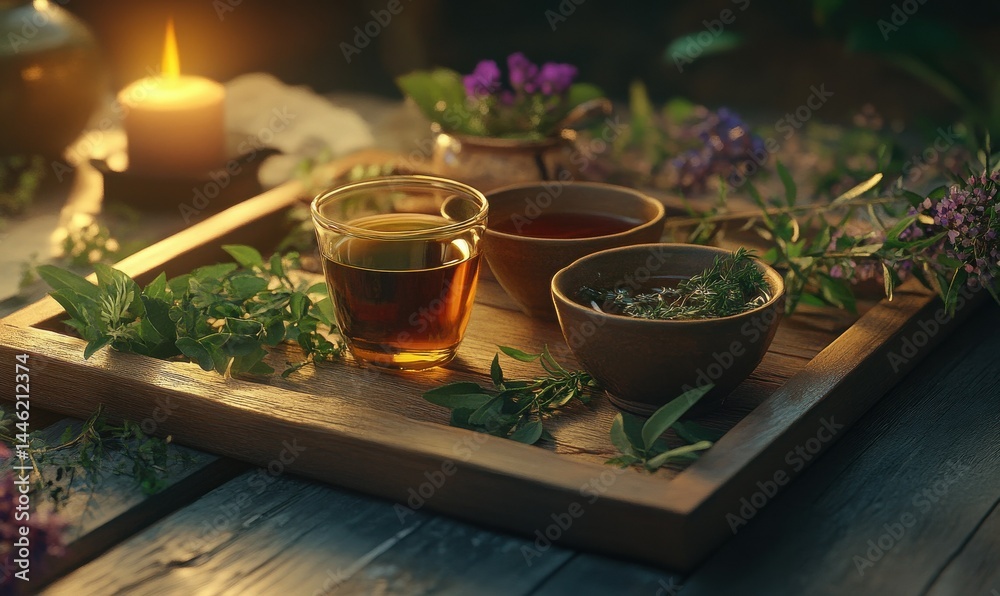 Close-up of a wooden tray with assorted herbal teas and fresh herbs, soft warm light enhancing the vibrant tones and cozy atmosphere, high detail,