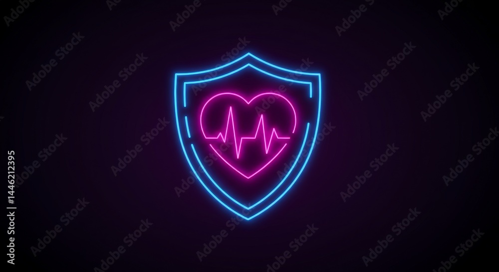 Heart Health Protection Shield - Neon graphic of a shield protecting a heart with a heartbeat line. Represents health security and wellbeing Heart Health Protection Shield - Neon graphic of a shield protecting a heart with a heartbeat line. Represents health security and wellbeing
