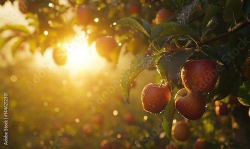 Obraz na płótnie Close-up of a vibrant apple orchard in the morning sunlight, dew drops glistening on ripe red apples hanging from lush green branche w salonie