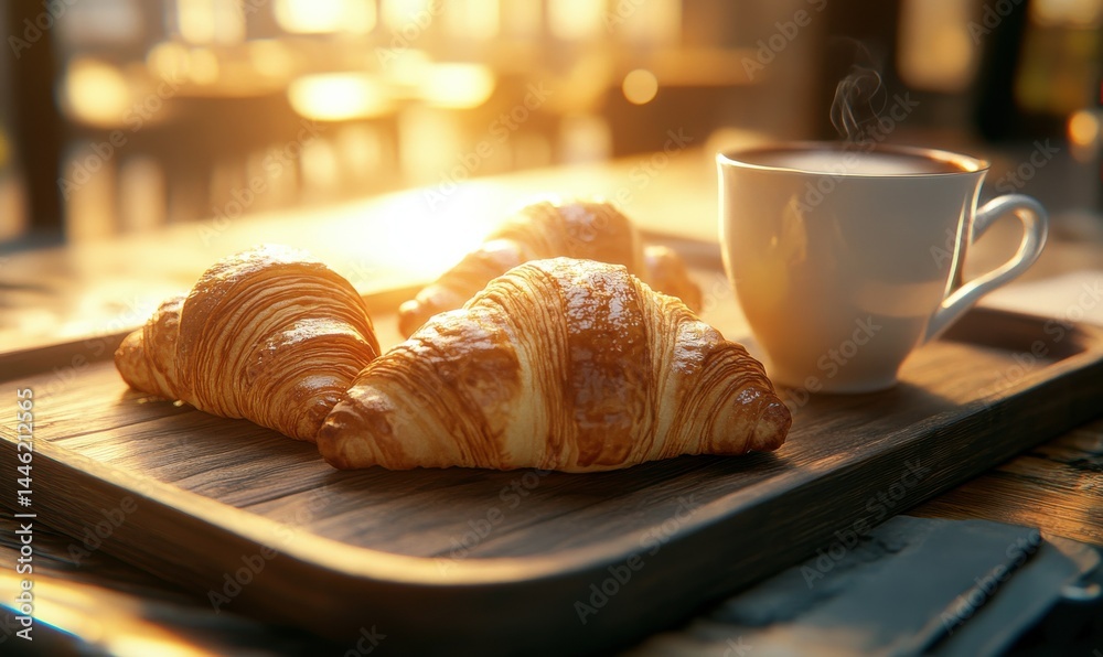 Croissants on a tray beside a cup in sunlight.