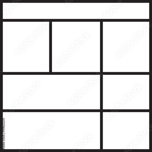 Grid composed of three columns and four uneven rows in a square format.