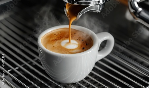 Obraz na płótnie Espresso pouring into a white cup on silver tray. w salonie