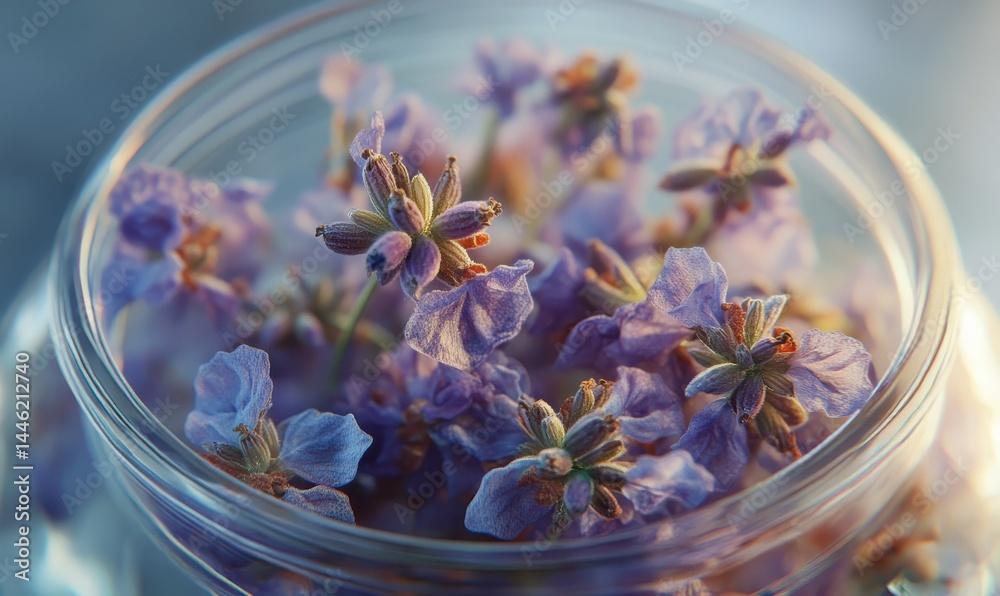 Close-up of lavender blossoms arranged in a glass jar, soft warm light highlighting the delicate textures and calming hues, high detail,