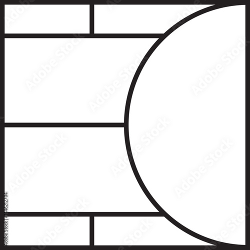 Grid design including a side semicircle and four separating lines inside a square format.