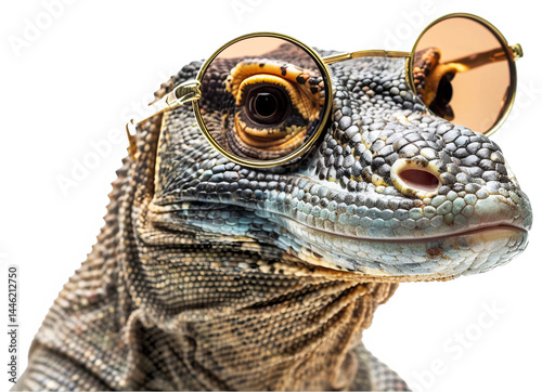 Komodo Dragon With Golden Eyeglass Isolated on a Plain Background
