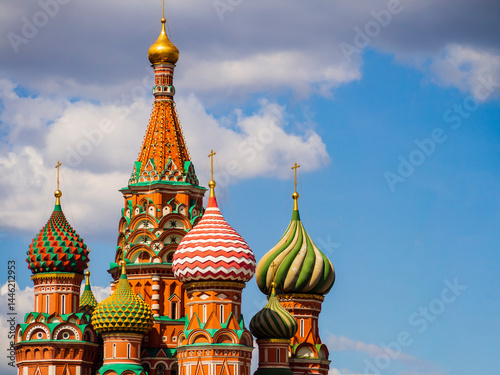 Stunning detail of the colorful onion shaped domes of Saint Basil's Cathedral, Red Square, Moscow, Russia