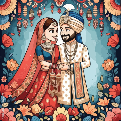 Vector cute indian couple cartoon in traditional dress posing for wedding invitation card design. Indian Floral Wedding Invitation Card template for Haldi, Mehndi, Sangeet, qawali night, dholki, Mayou