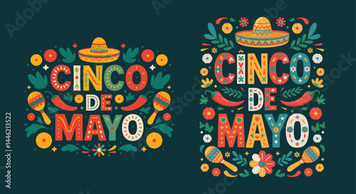 Cinco de Mayo Vector Illustration with Colorful Mexican Elements Including Sombrero, Maracas, Flowers and Chili Peppers – Festive Design for Holiday Celebrations and Party Decor.