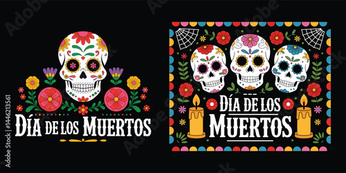 Colorful Día de los Muertos Vector Illustration with Sugar Skulls, Flowers, and Decorative Elements for Day of the Dead Celebration.