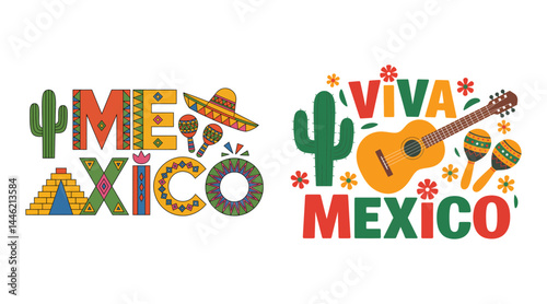 Colorful Viva Mexico Vector Illustration Featuring Cactus, Maracas, Guitar, Pyramid, and Sombrero for Mexican Festival and Cultural Celebration Design.