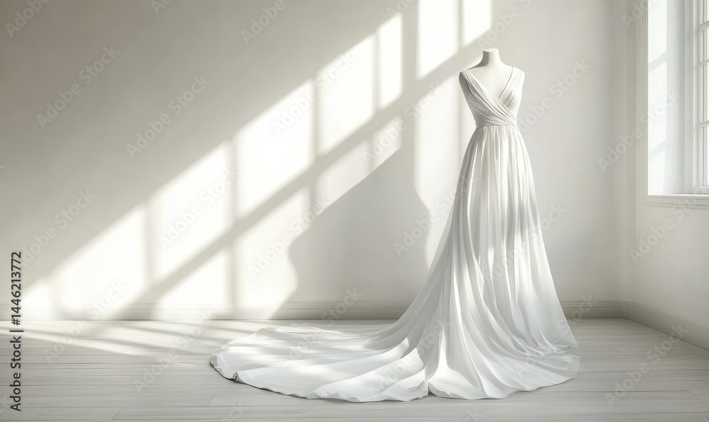 Elegant white gown displayed on mannequin in sunlit minimalist room.
