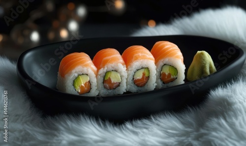 Elegant sushi rolls on a sleek black plate, highlighting the vibrant colors of fresh ingredients