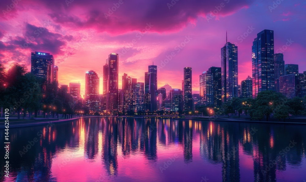Fototapeta premium Futuristic cityscape glowing under a vibrant pink and purple twilight sky, intricate reflections creating a dynamic urban energy, .