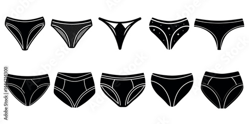Lingerie Silhouette Variations: A set of stylish underwear silhouettes, rendered in sleek black, offering a diverse range of designs perfect for fashion and design projects.