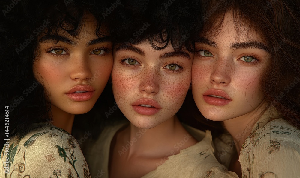 illustration of multiethnic three young women with different hair textures and freckles, posing closely with sincere smiles