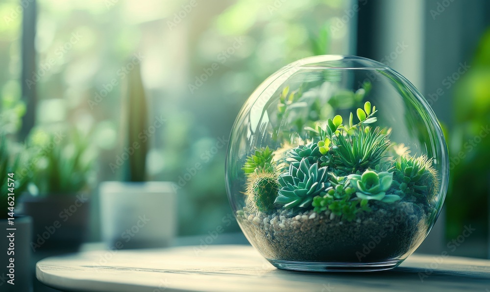 Glass terrarium with small succulents and cacti, modern green home decor with a minimalist vibe, soft natural light,