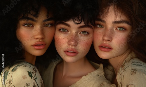 illustration of multiethnic three young women with different hair textures and freckles, posing closely with sincere smiles