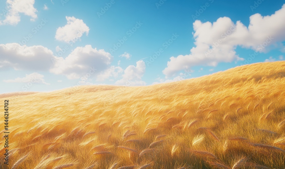 Golden wheat fields swaying gently in the wind under a bright blue sky, vibrant natural tones and soft diffused lighting creating a serene rural vibe,