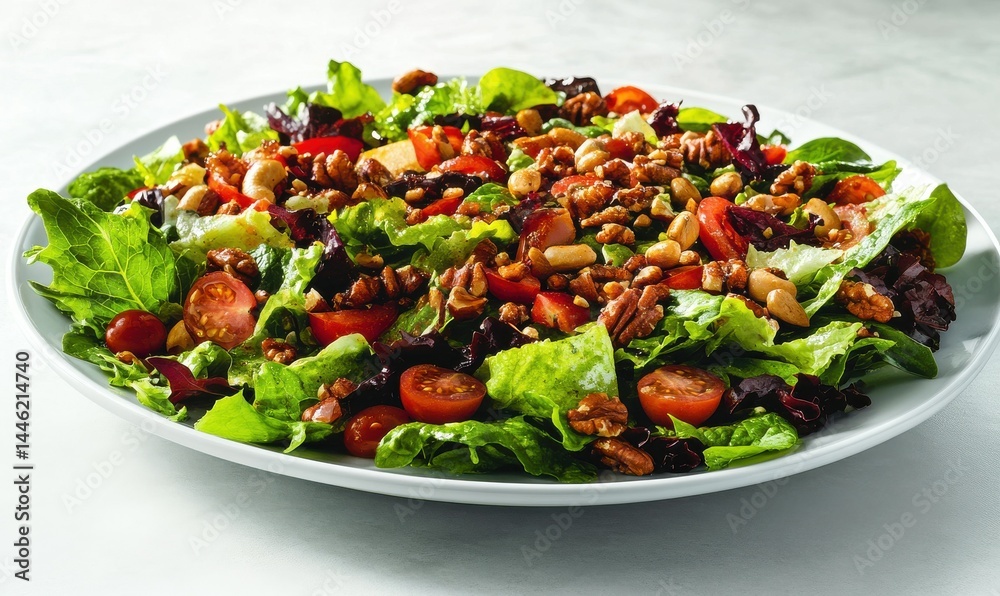 Gourmet salad with mixed greens, tomatoes, nuts, and a light vinaigrette, arranged beautifully on a white plate